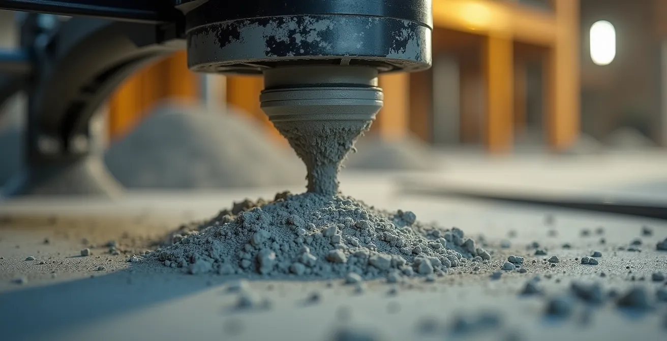 Macro opname van 3D-betonprinter nozzle die laag voor laag een muur opbouwt