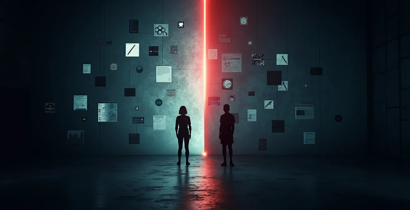 Abstract beeld van juridische documenten en digitale kunstcreatie met waarschuwingssymbolen