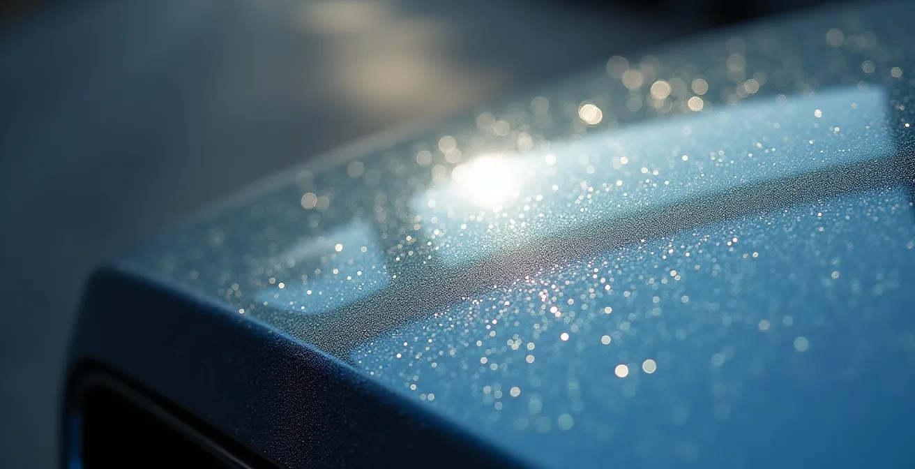 Close-up van autolak met meetlint en creditcard voor schadevergelijking