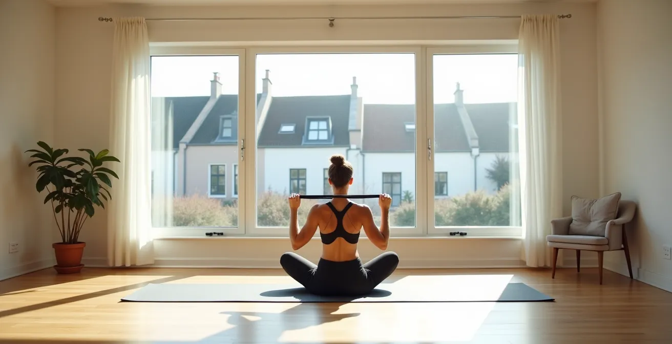 Persoon doet lichte oefeningen thuis ondanks vermoeidheid