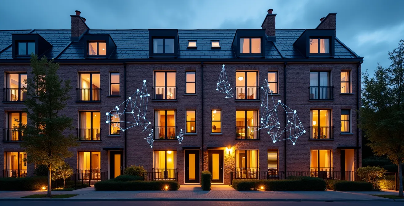 Moderne Belgische architectuur met digitale blockchain visualisatie