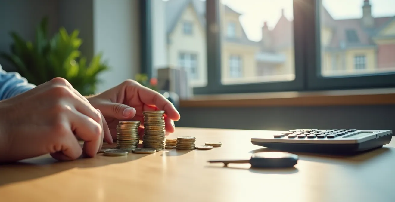 Handen met euromunten en autosleutels rond rekenmachine