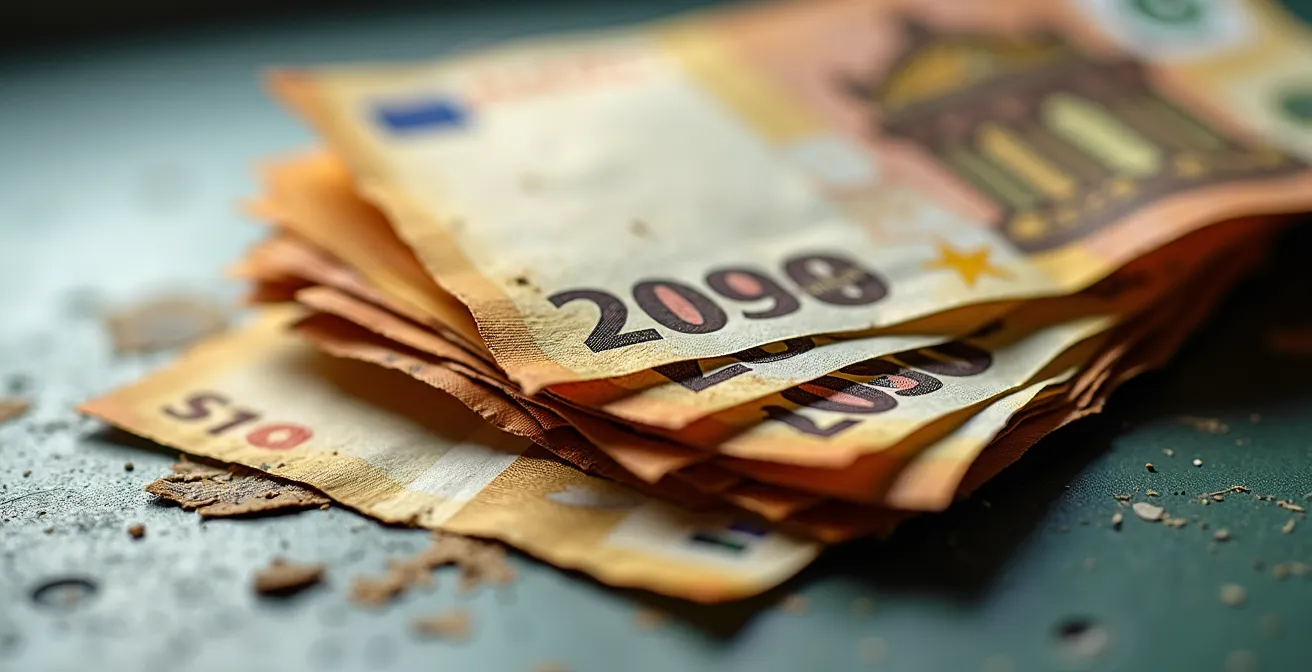 Macro-opname van eurobiljetten met natuurlijke slijtage en veroudering zichtbaar in extreme detail