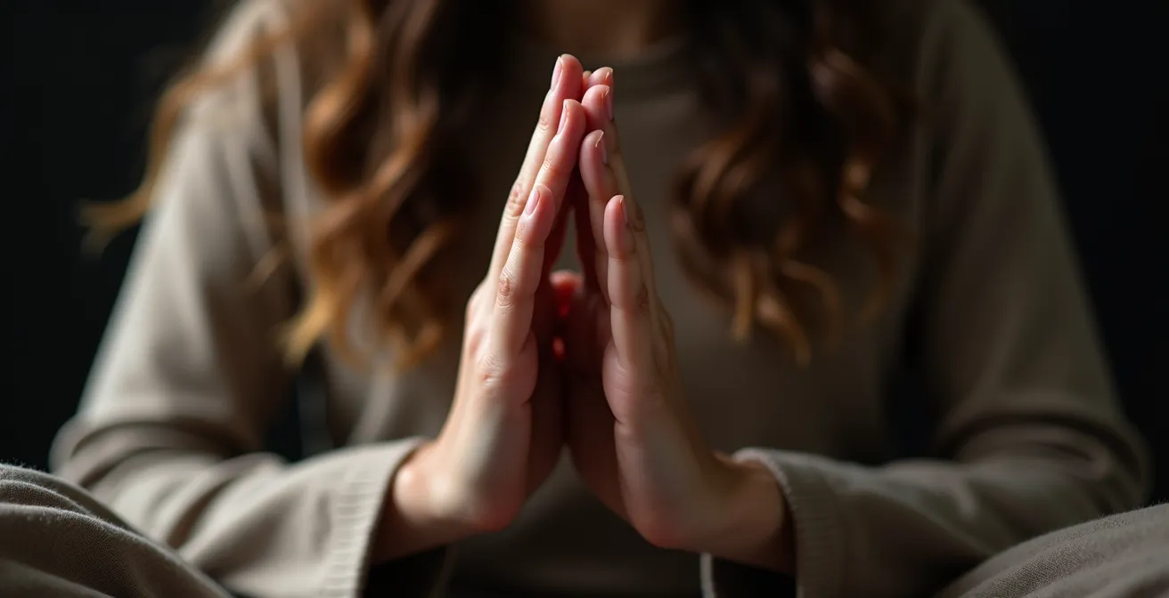 Close-up van meditatiehouding met focus op handen in mudra positie