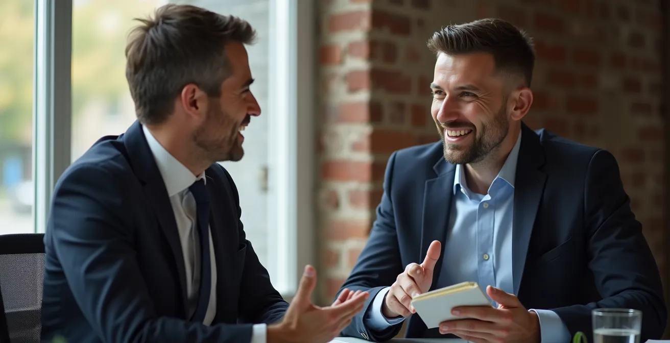 Twee professionals in constructief gesprek over werkgrenzen in een Belgisch kantoor