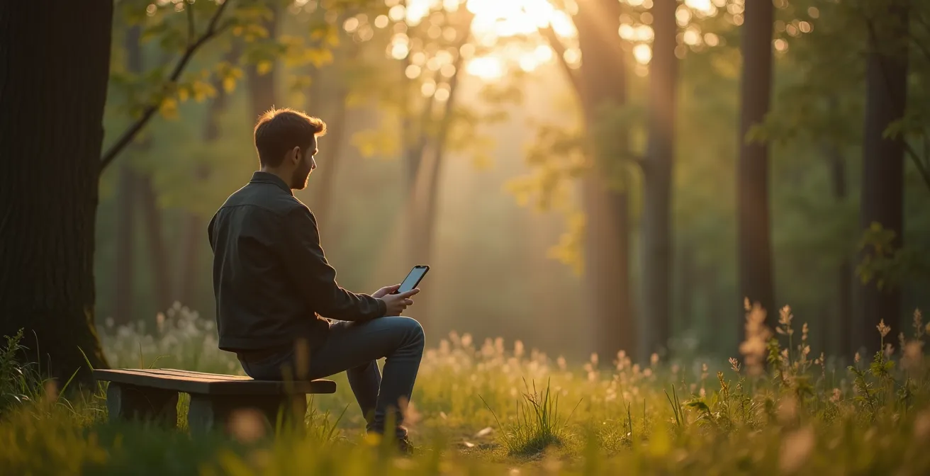 Persoon in natuurlijke omgeving met smartphone bewust weggelegd voor mentale rust