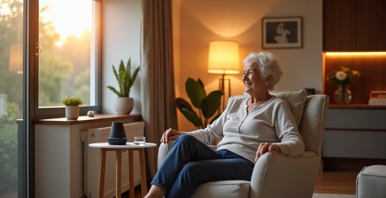 Senior gebruikt spraakassistent in moderne woonkamer met slimme verlichting