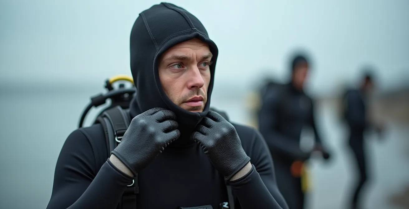 Duiker in droogpak bij koude duikomstandigheden in de Noordzee