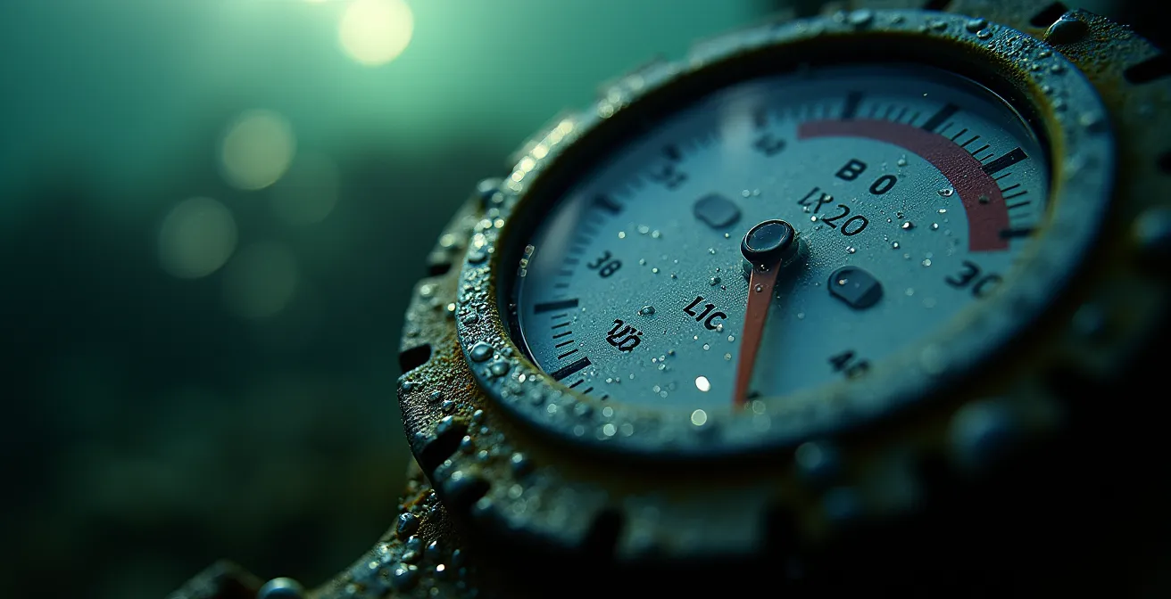 Macro-opname van duikcomputer met diepte-indicatie in troebel water