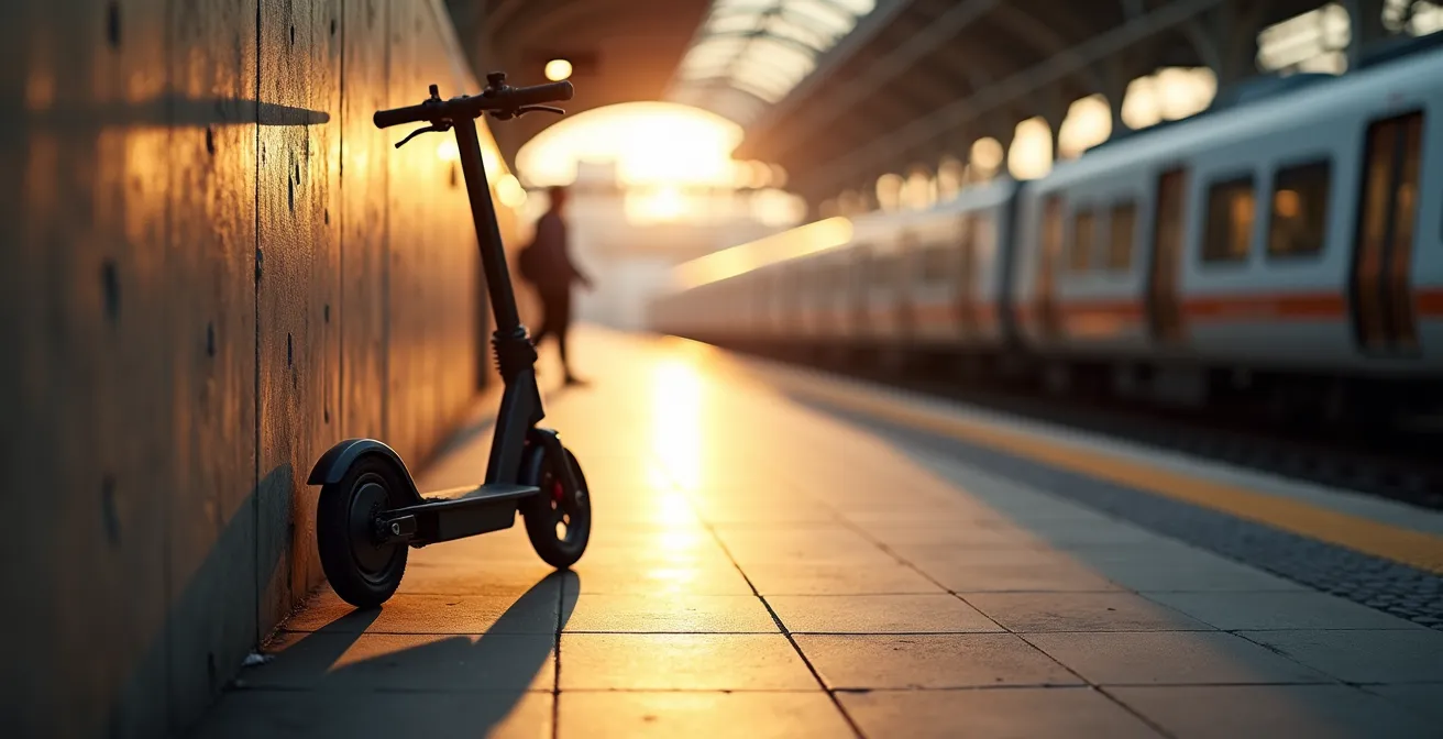 Opvouwbare elektrische step tegen muur bij treinperron in ochtendlicht