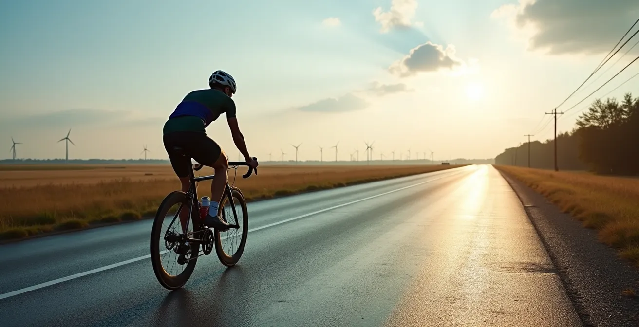 Wielrenner traint tegen sterke wind in vlak Vlaams polderlandschap