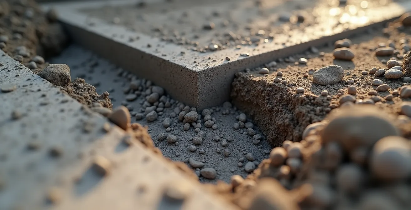 Detailopname van funderingswerk voor aanbouw met zichtbare betonnen voeting