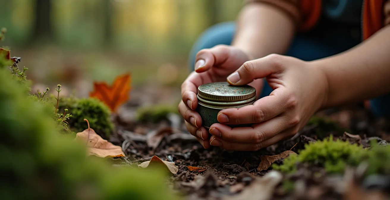 Familie met kinderen zoekend naar geocache in Belgisch bos