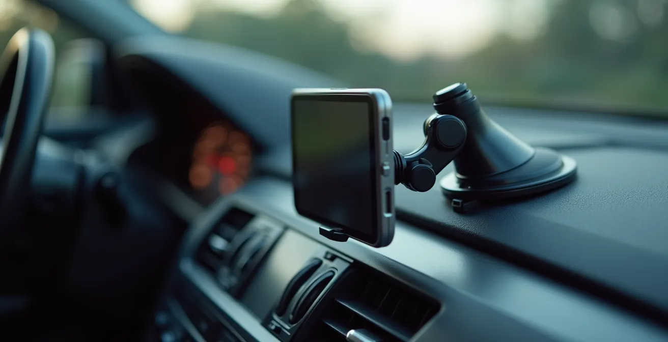 Close-up van een GPS-navigatiesysteem gemonteerd op het dashboard van een auto in België