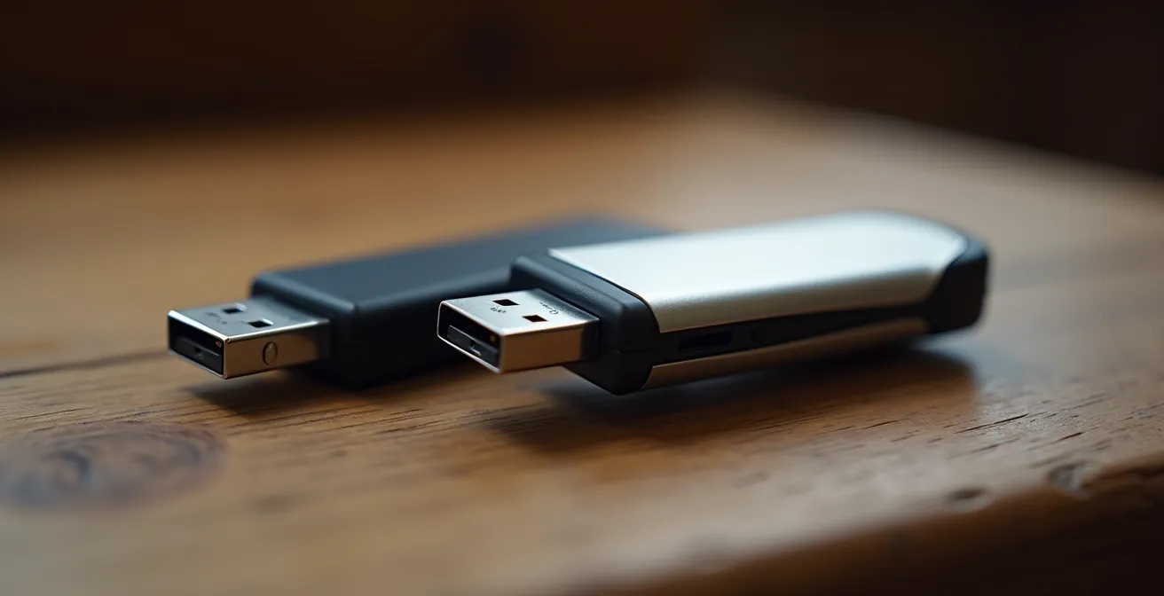 Close-up van hardware wallets Trezor en Ledger op houten tafel