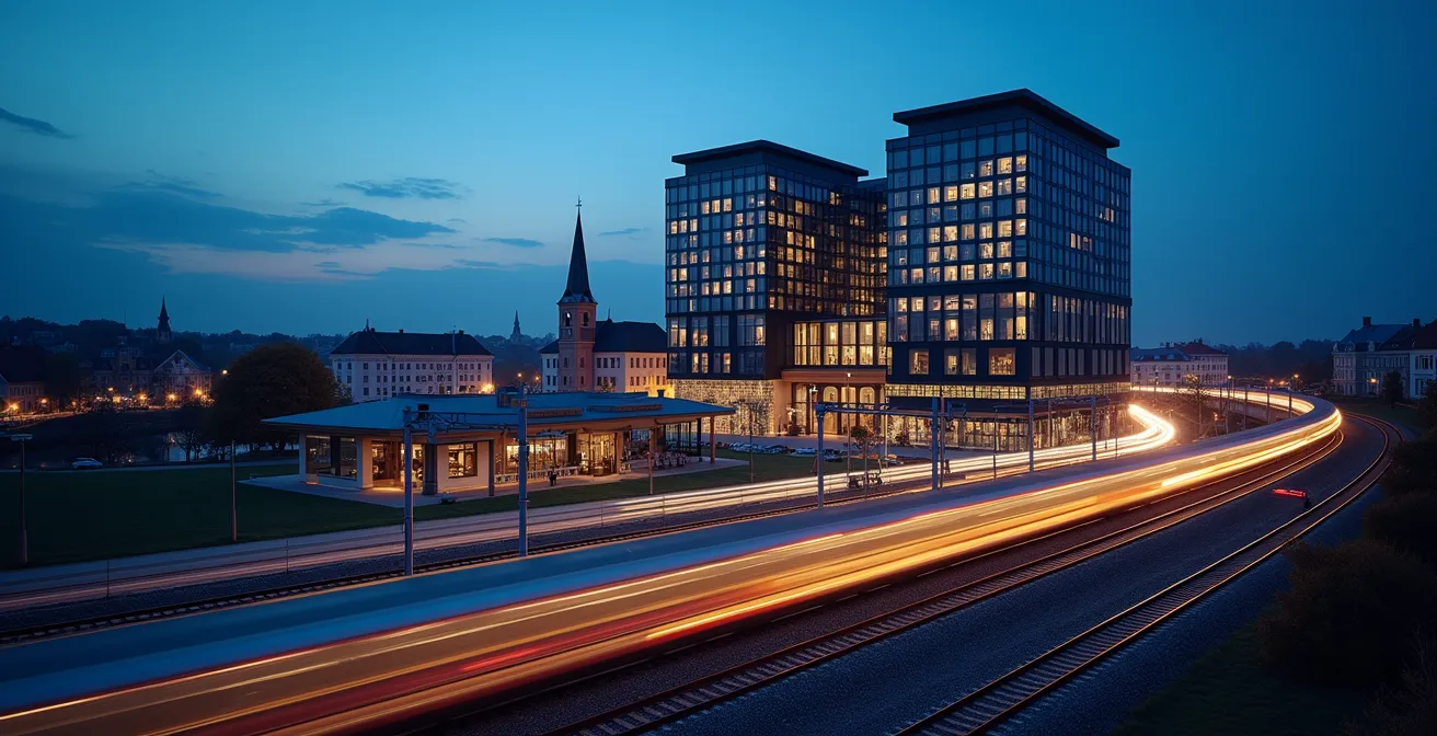 Modern hotel naast centraal station met treinsporen en stadsbeeld in avondlicht