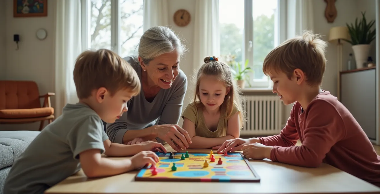 Grootouders en kleinkinderen delen een spelmoment aan lage salontafel