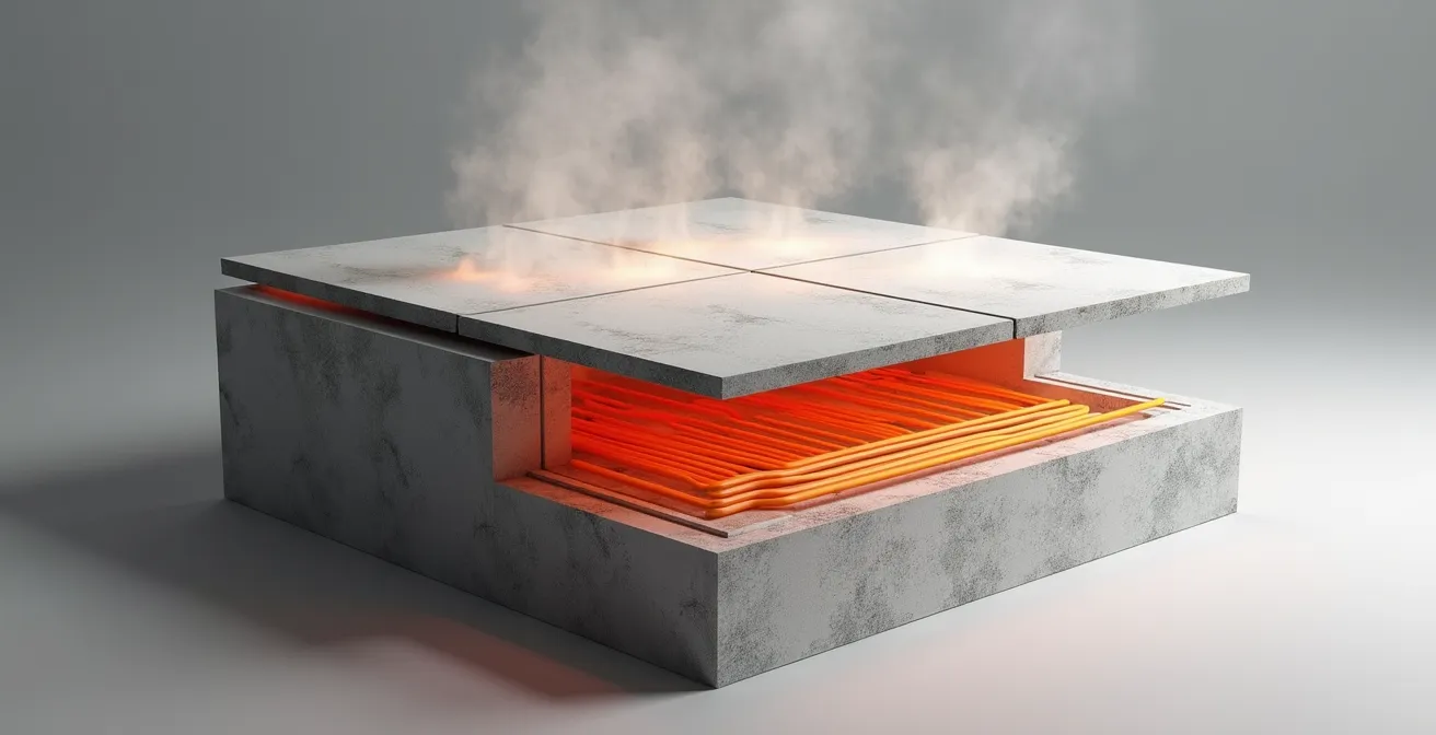 Technische doorsnede van vloerverwarming onder keramische tegels