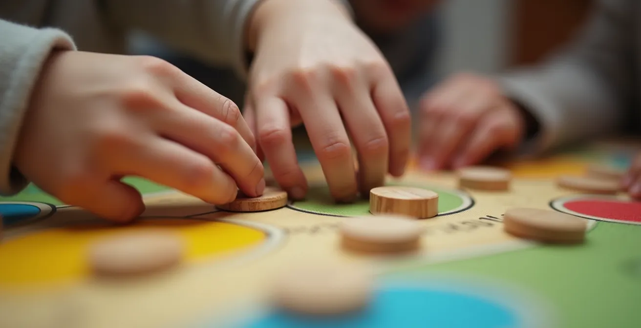 Close-up van kinderhanden die samen bordspelstukken verplaatsen tijdens coöperatief spel