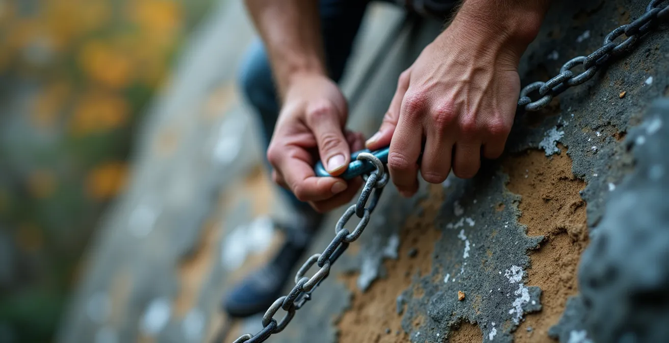 Close-up van klimhanden bij een relais met ketting op een Belgische rotswand