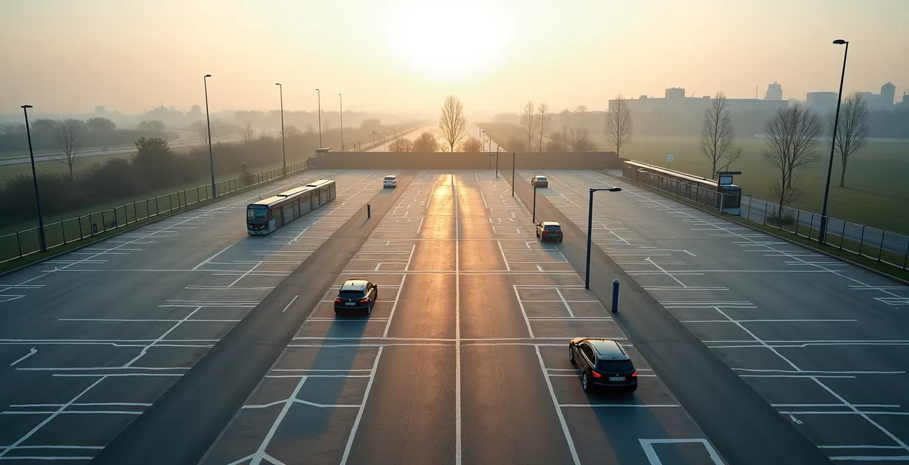 Luchtfoto van een Park & Ride parking aan de rand van een stad met auto's en openbaar vervoer