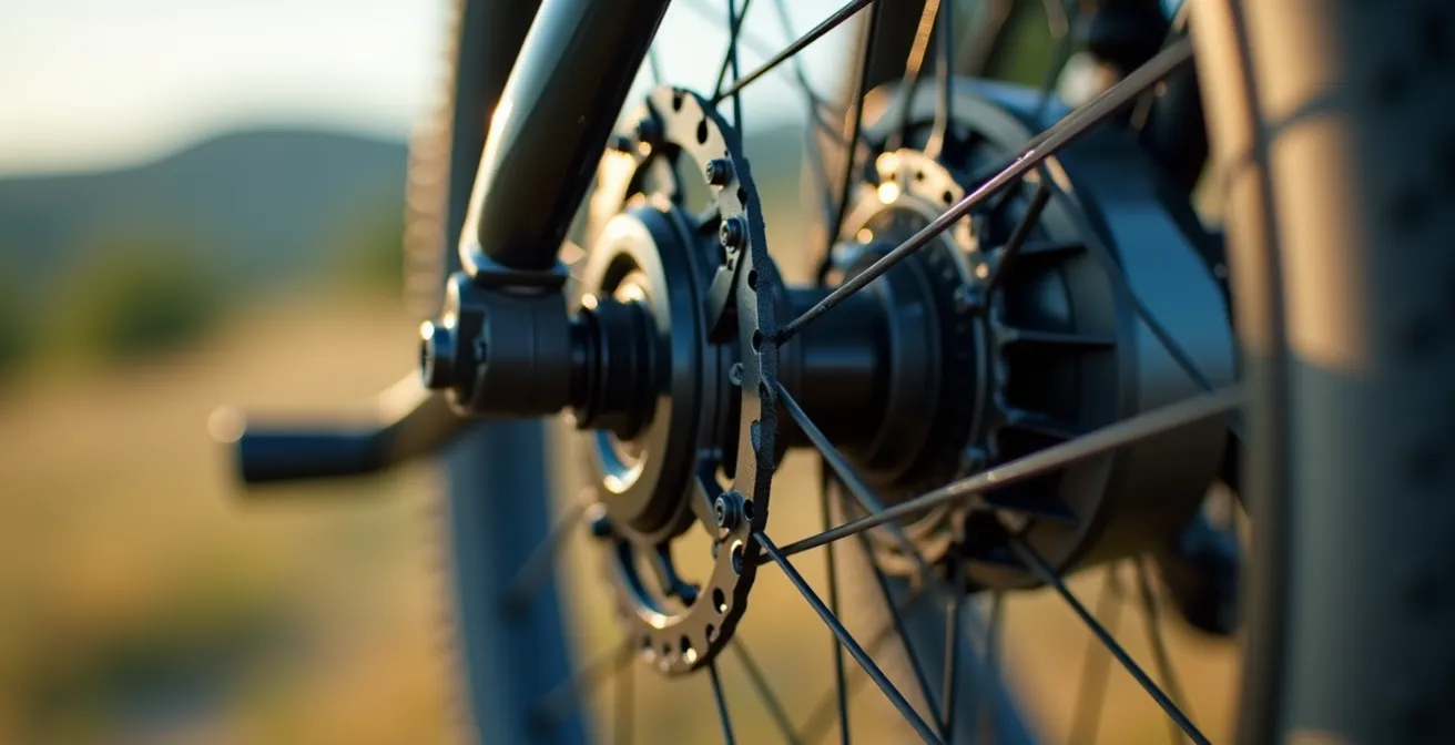 Close-up vergelijking van e-bike middenmotor systeem in Vlaamse Ardennen landschap