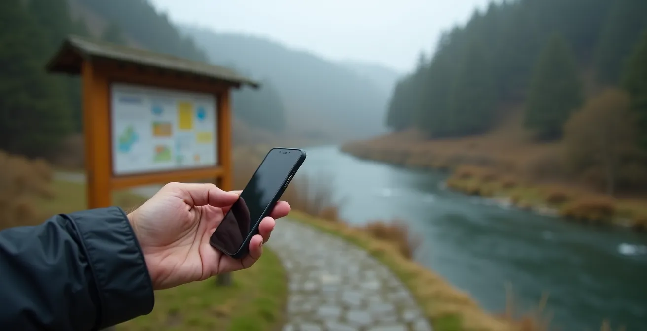 Hand met smartphone die waterstandskaart toont naast Ourthe rivier