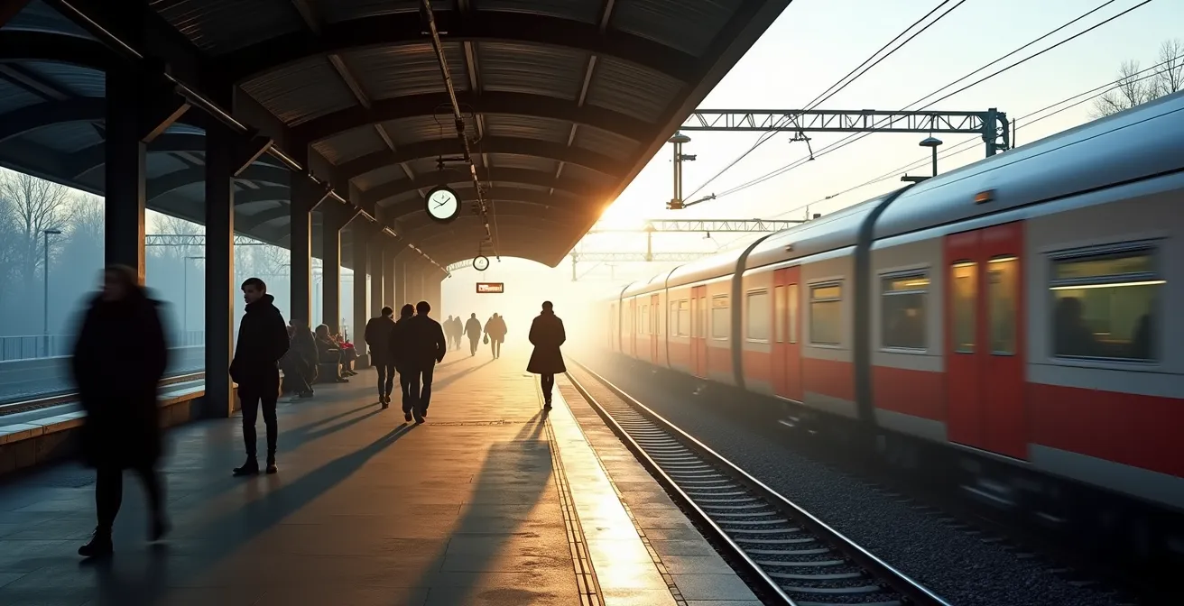 Strategische positie op perron voor lege stoel in Belgisch treinstation