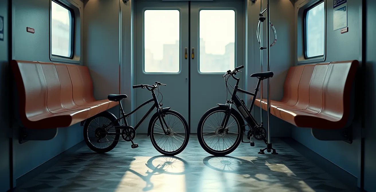 Vergelijking plooifiets en gewone fiets in Belgische trein