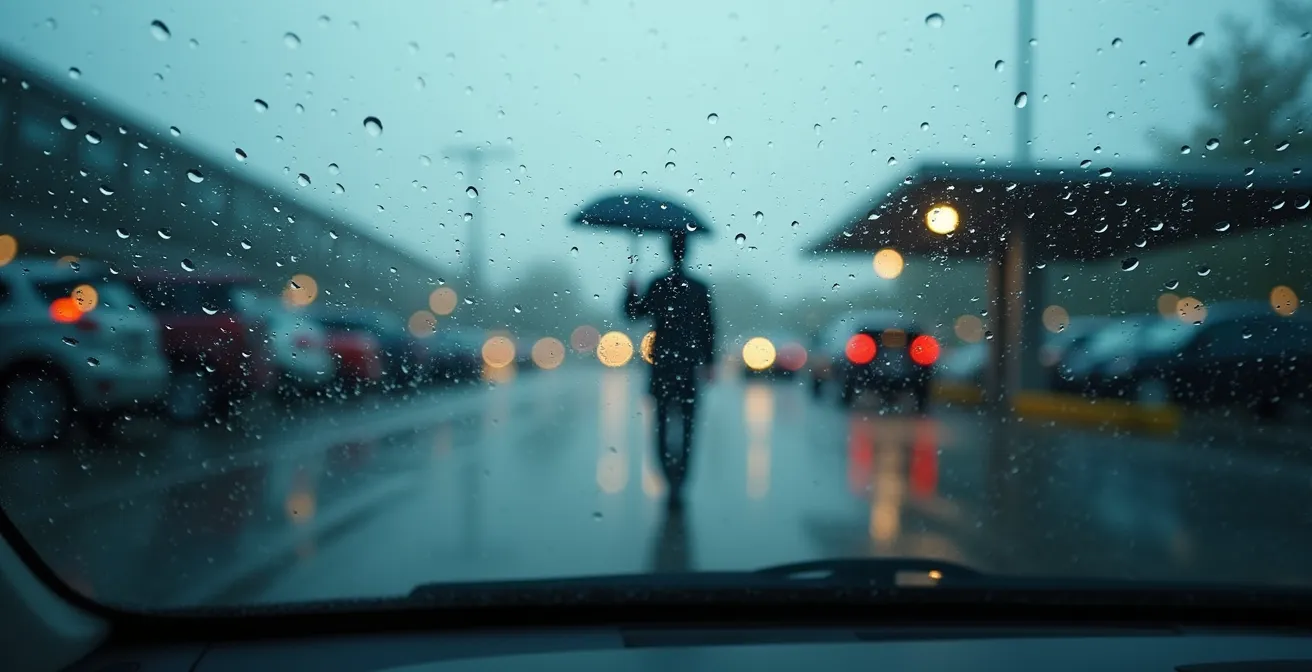 Regendruppels op autoruit met wazige parkeerplaats en tramhalte op achtergrond