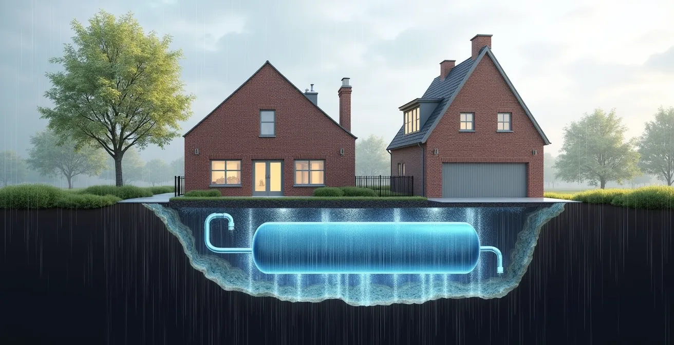 Doorsnede van een Vlaams huis met ondergronds regenwaterreservoir en leidingen
