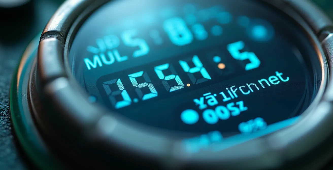 Macro-opname van digitale meter display met seizoensverbruik warmtepomp