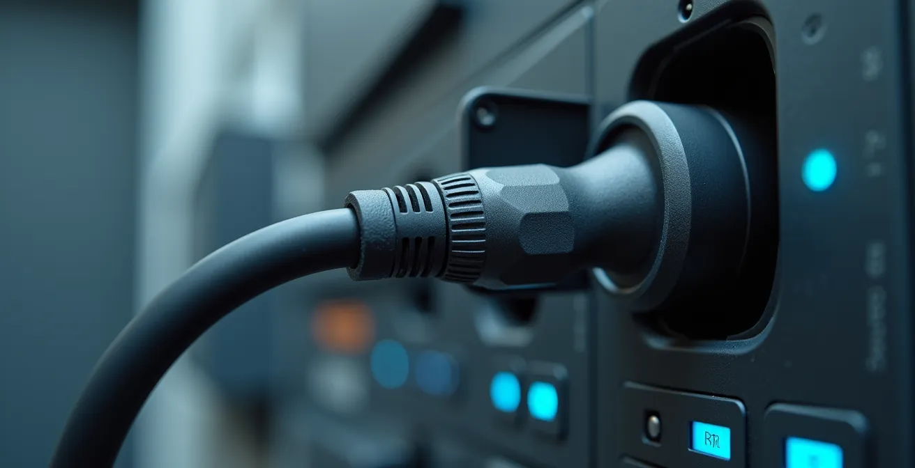 Close-up van digitale meter P1-poort verbonden met slimme laadpaal