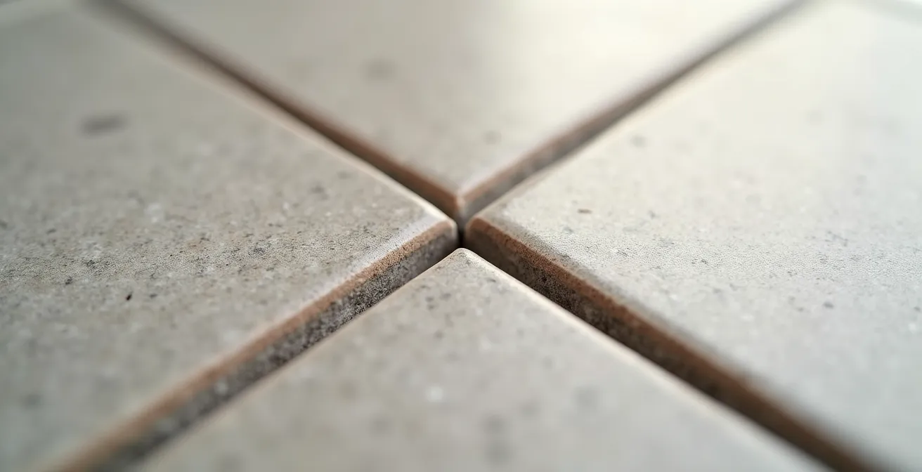 Close-up van professioneel aangelegde uitzettingsvoeg tussen grote keramische tegels