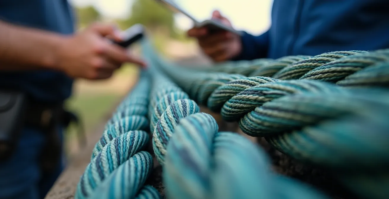 Close-up van veiligheidsinspectie bungeemateriaal met certificaten