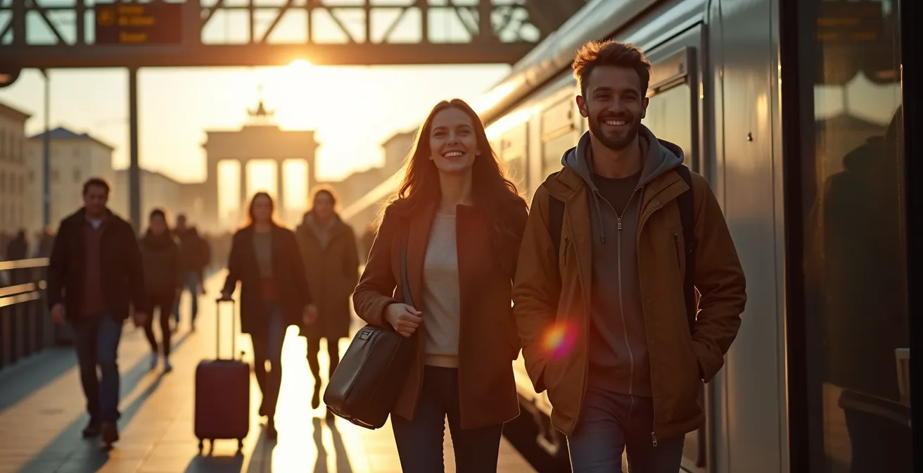 Reizigers komen aan op Berlin Hauptbahnhof in de ochtend met stadsbeeld op achtergrond