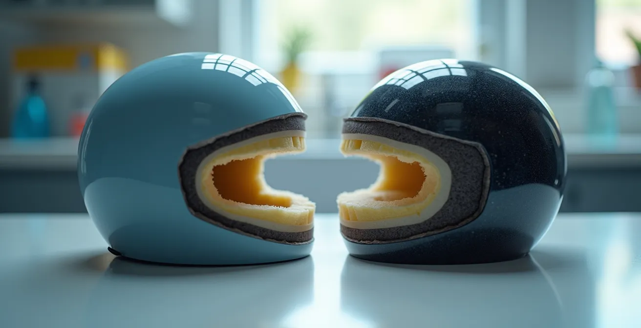 Close-up vergelijking van twee helmen met verschillende beschermingsniveaus