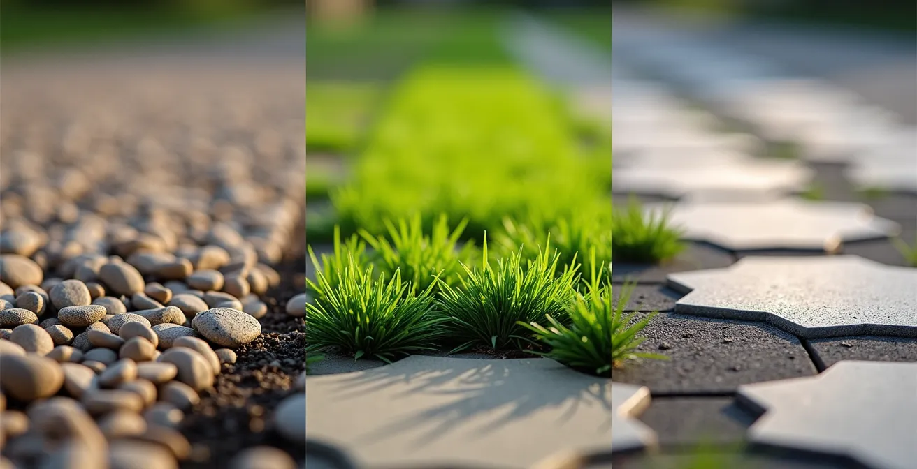 Close-up vergelijking van grind, grasdallen en waterdoorlatende klinkers