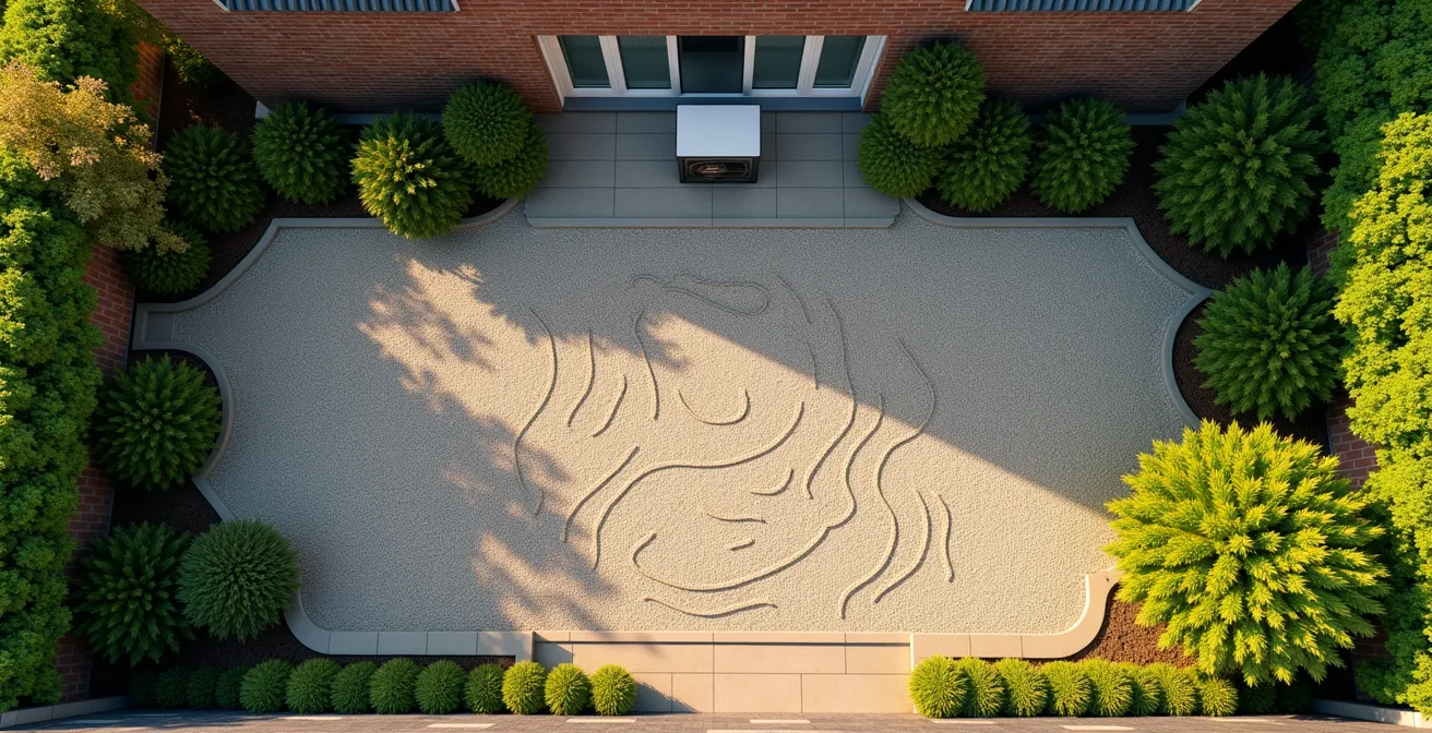 3D-visualisatie van warmtepomp plaatsing met geluidszones in Belgische stadstuin