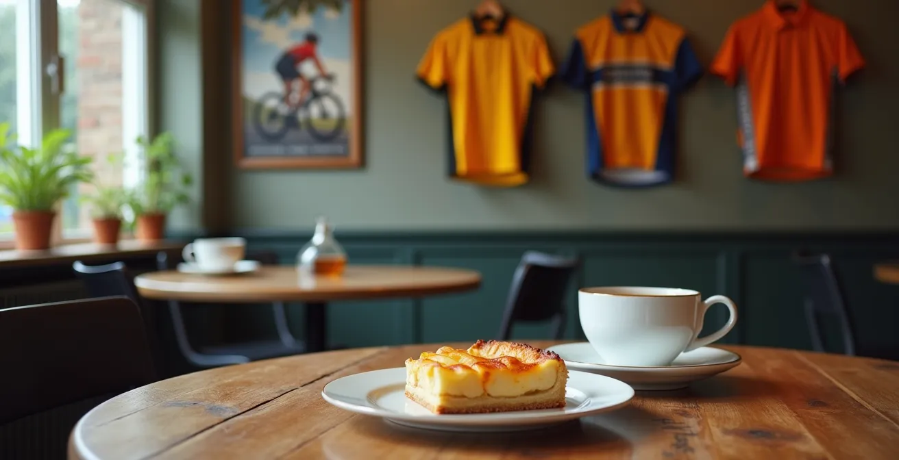 Wielercafé interieur met appeltaart en koffie voor fietsers tijdens rustpauze