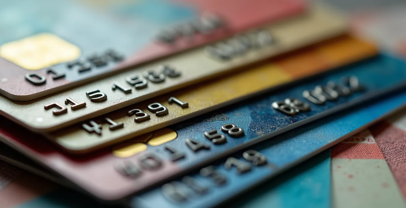 Macro-opname van verschillende betaalkaarten met internationale valutasymbolen