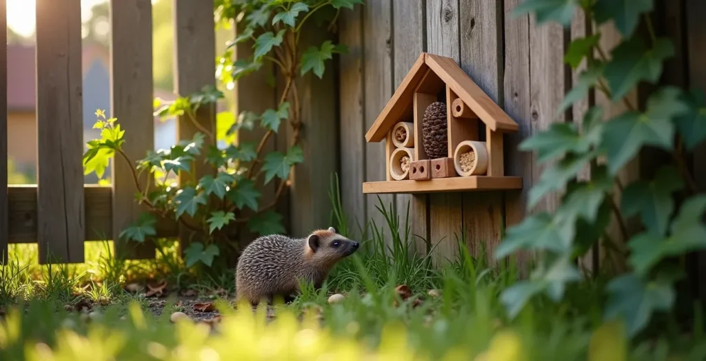 Natuurlijke tuinomheining met egelwegel doorgang en insectenhotel tegen houten schutting Natuurlijke tuinomheining met egelwegel doorgang en insectenhotel tegen houten schutting